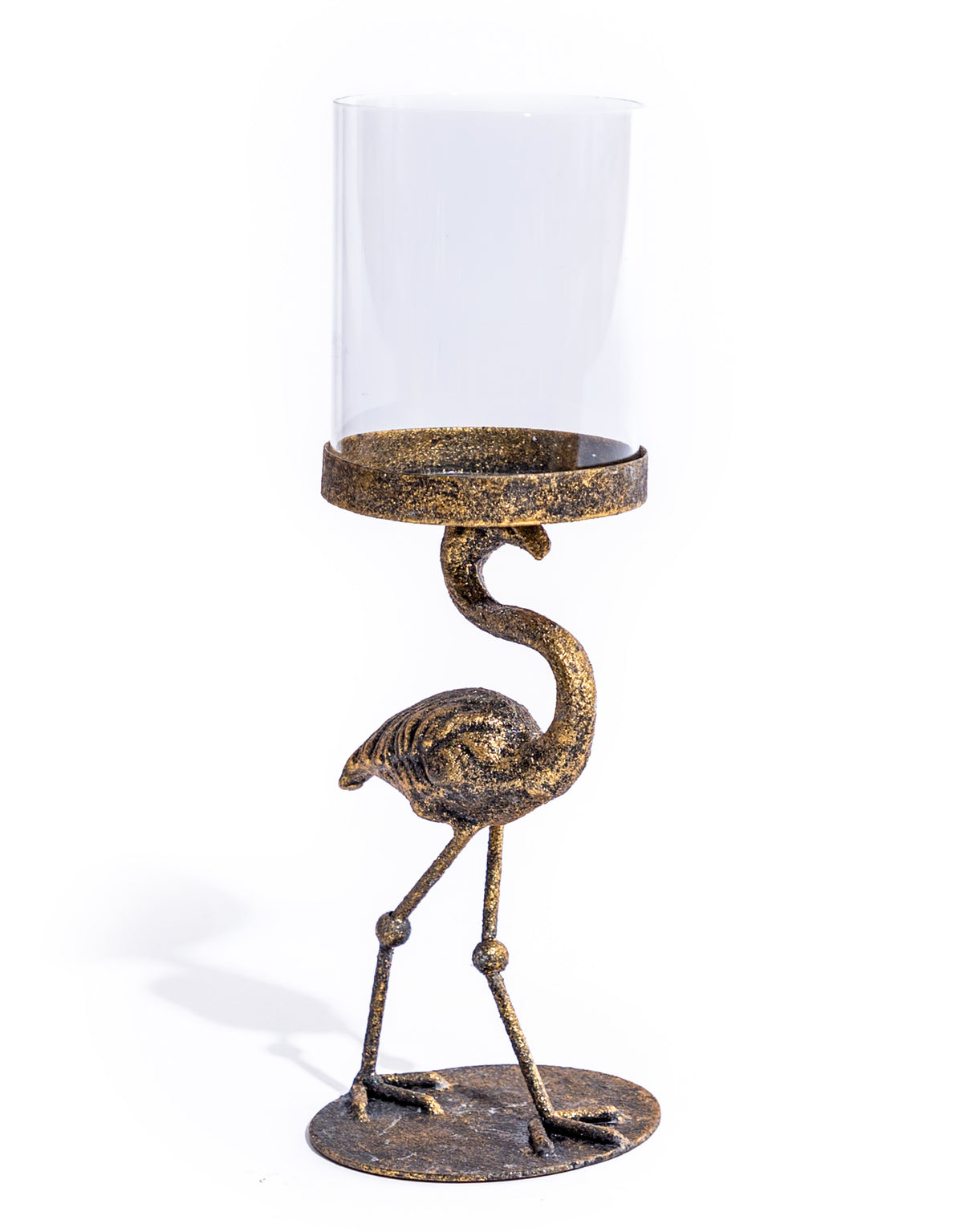 Antiqued Flamingo Candle Holder with Glass Cover