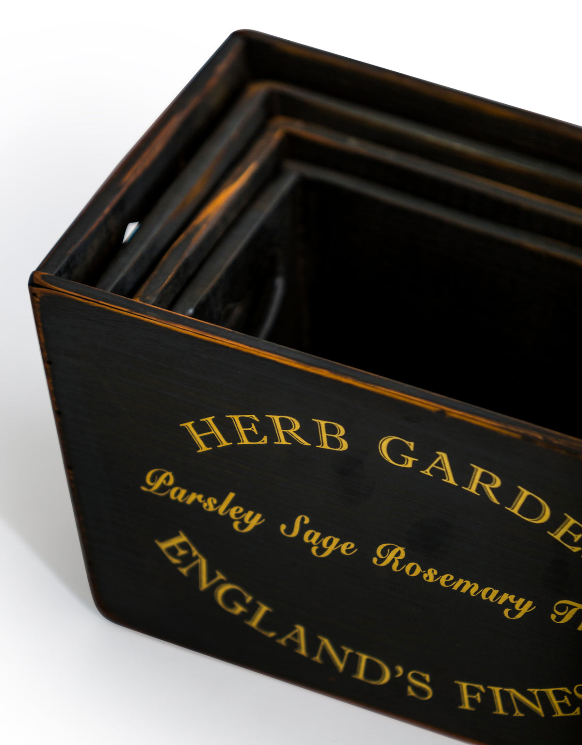 Set of 4 Antique Black Wooden 'Herb Garden' Planters / Storage Boxes