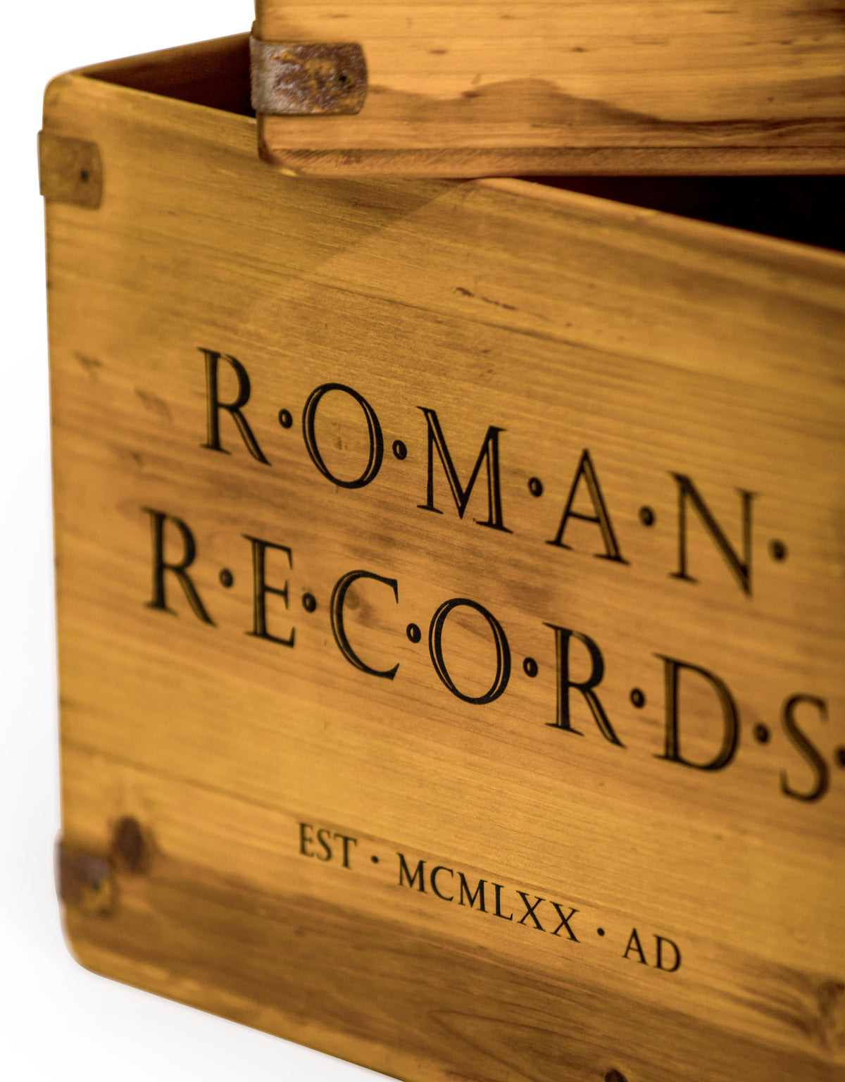 Set of 2 Antiqued Wooden "Roman Records" LP Record Storage Boxes
