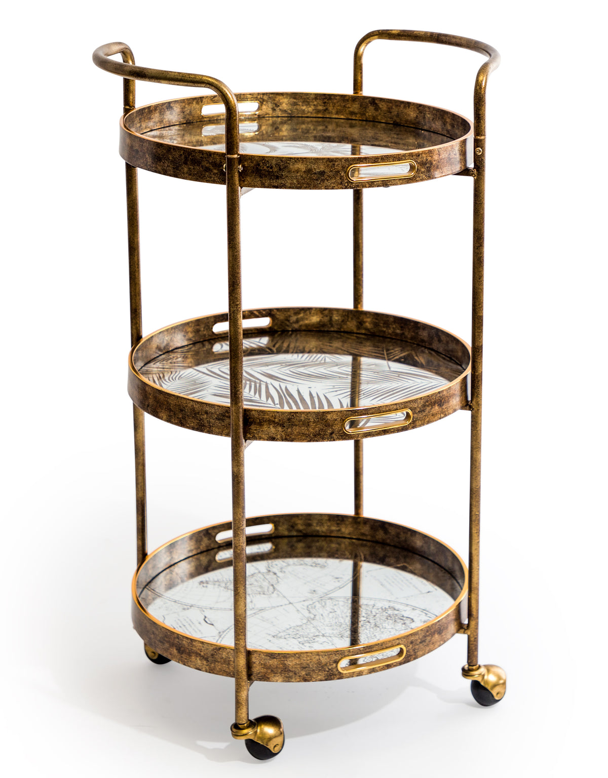 Antique Gold Drinks Trolley w/ Mirrored Serving Trays