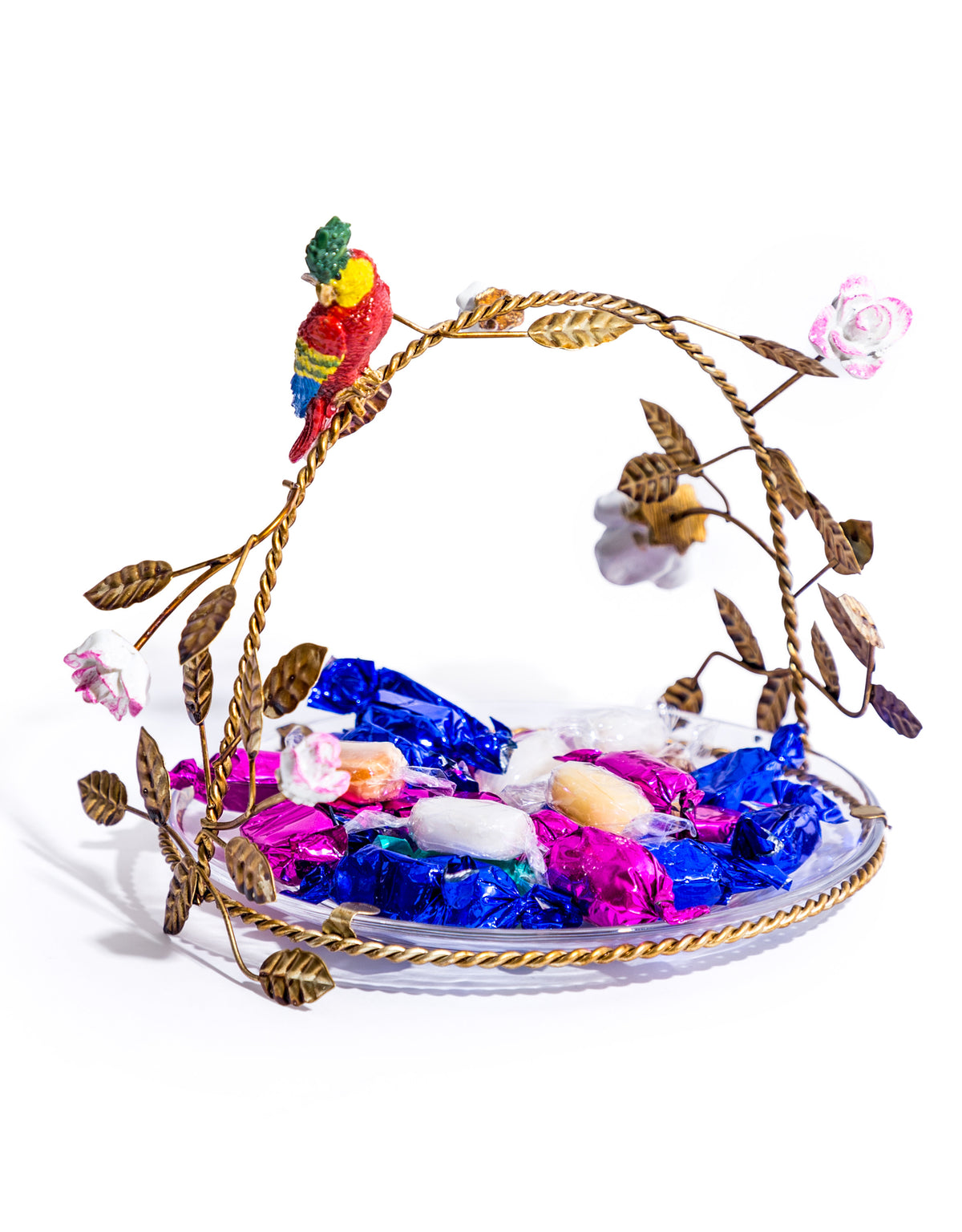 Serving Plate w/ Ornate Antiqued Parrot Branch Handle