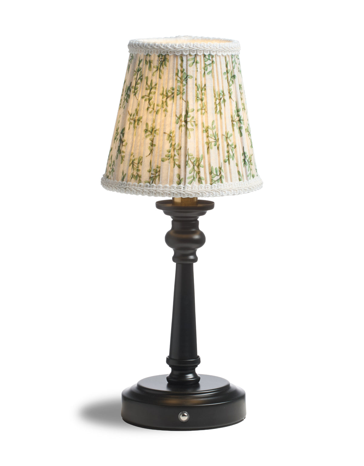 Matt Black & Brass Rechargeable Table Lamp w/ Floral Pattern Pleated Shade