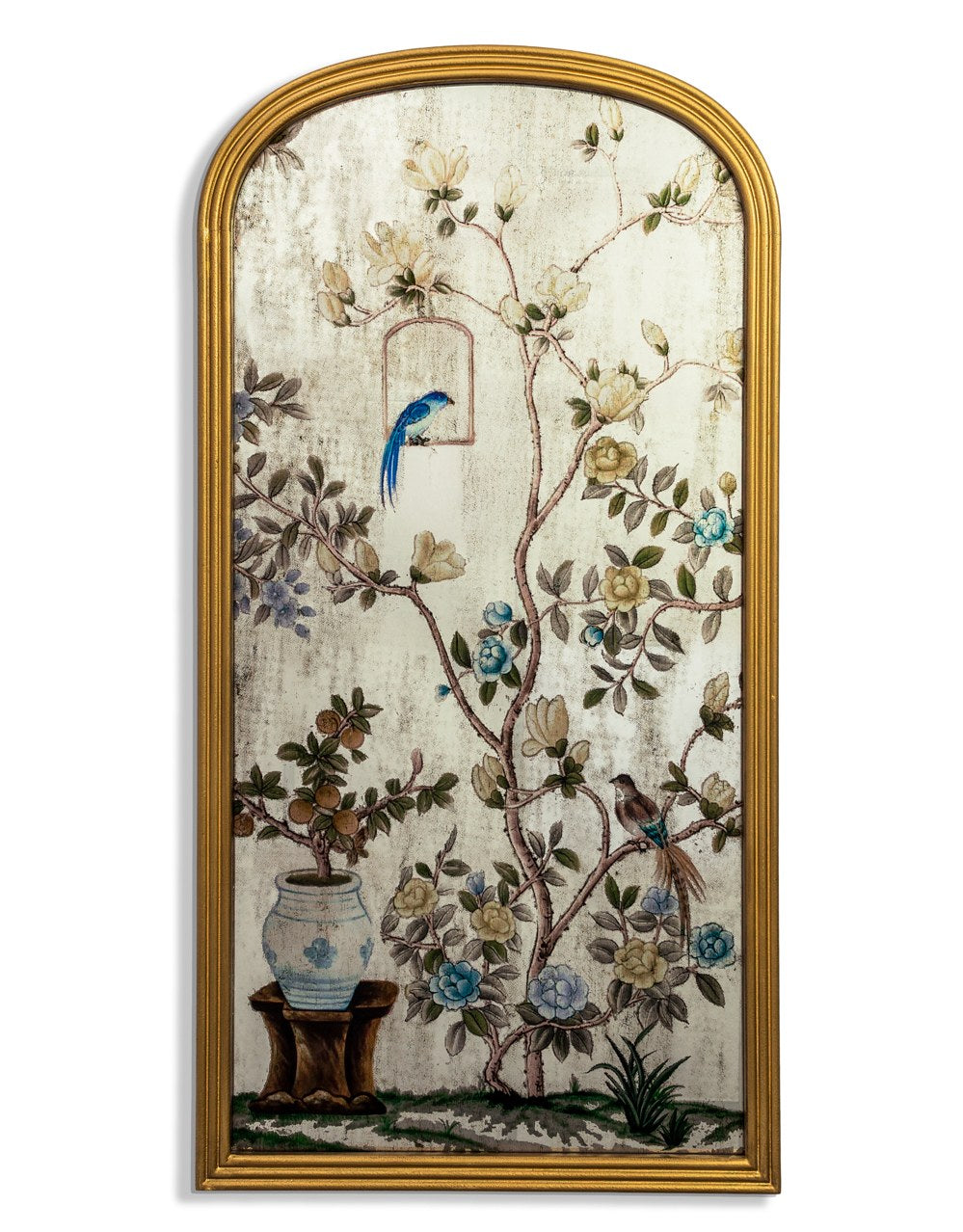 Tall Arch Gold-Framed Botanical Glass Wall Mirror
