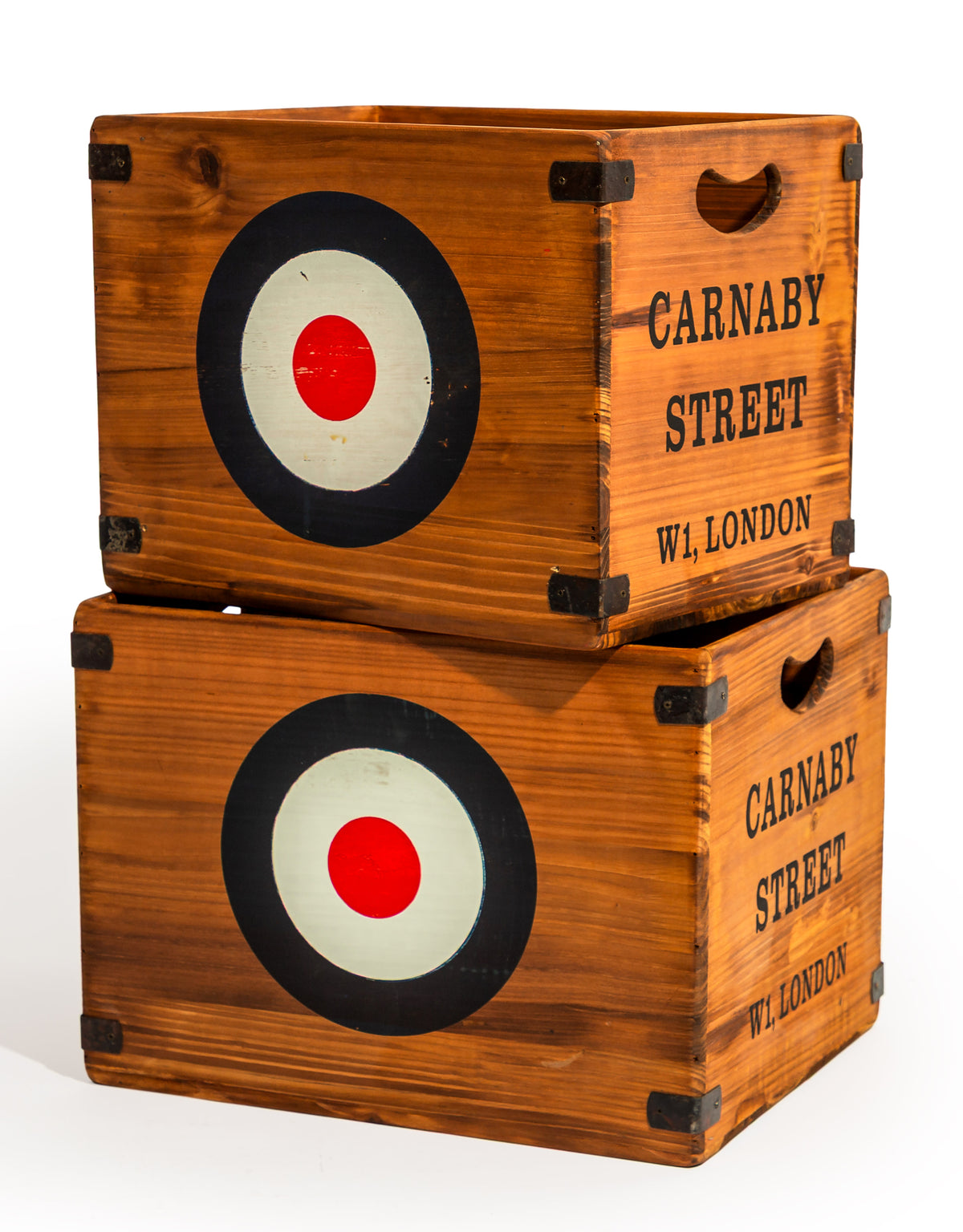 Set of 2 Antiqued Wooden "Carnaby Street" LP Record Storage Boxes