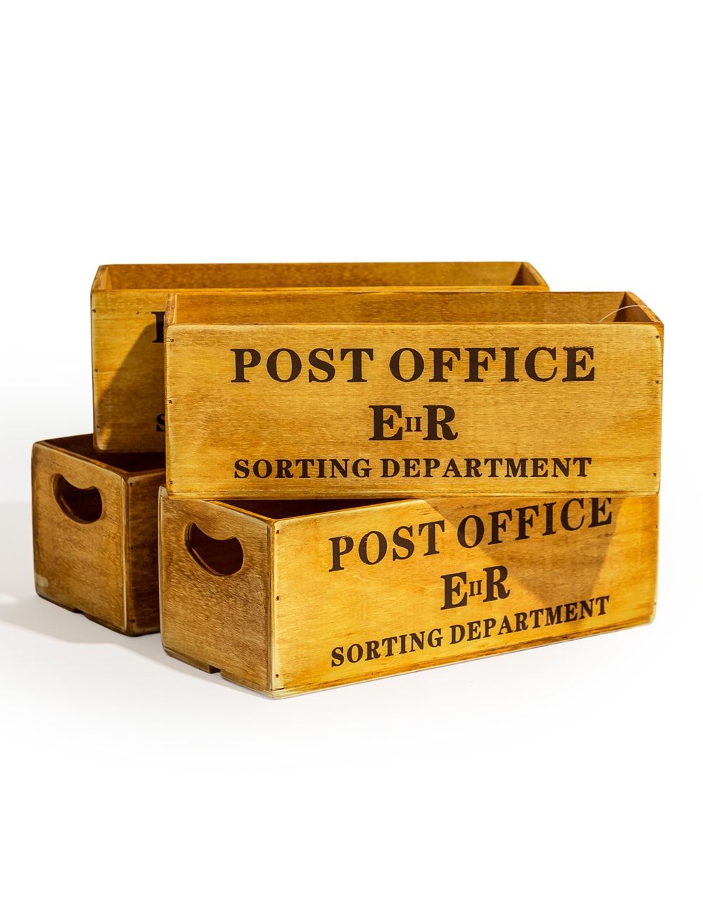 Set of 4 Antiqued "Post Office Sorting Dept" Wooden Boxes