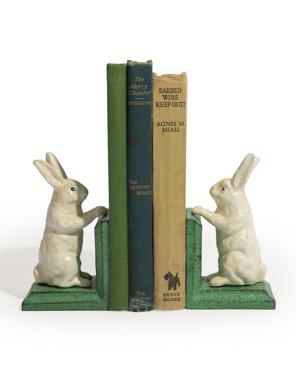 Cast Iron Antiqued Pair of White Rabbit Bookends