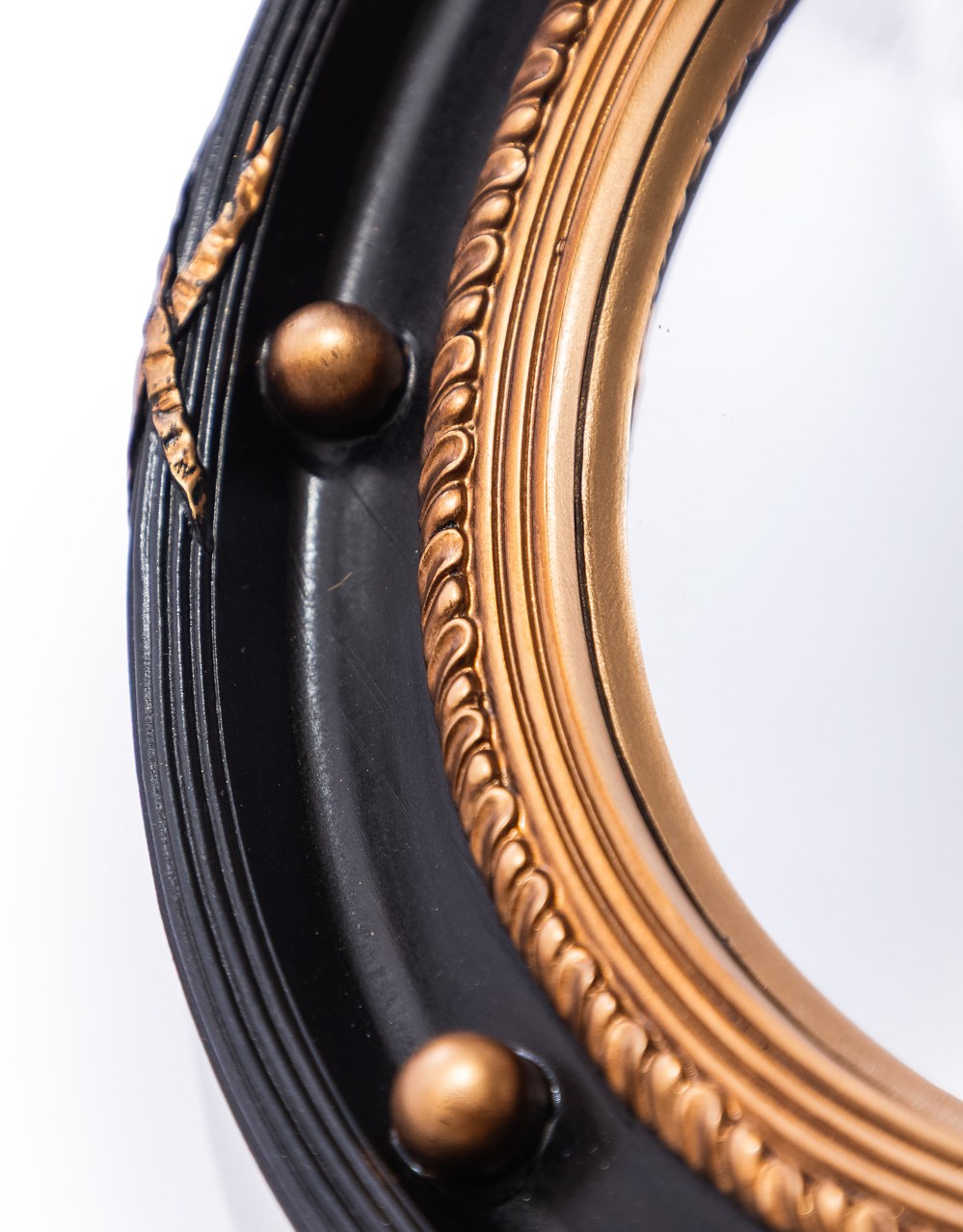 Large Black & Antique Gold Framed Porthole Convex Mirror