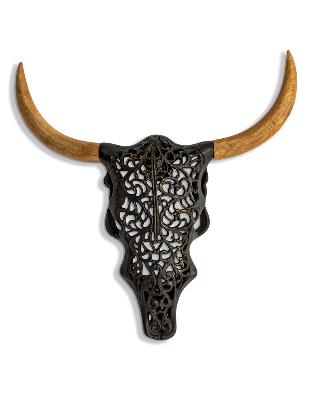 Distressed Black and Wood Tribal Bison Wall Head