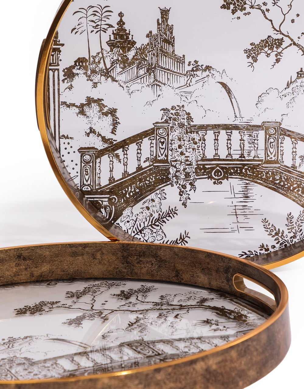Set of 2 Dark Gold Oriental Garden Serving Trays