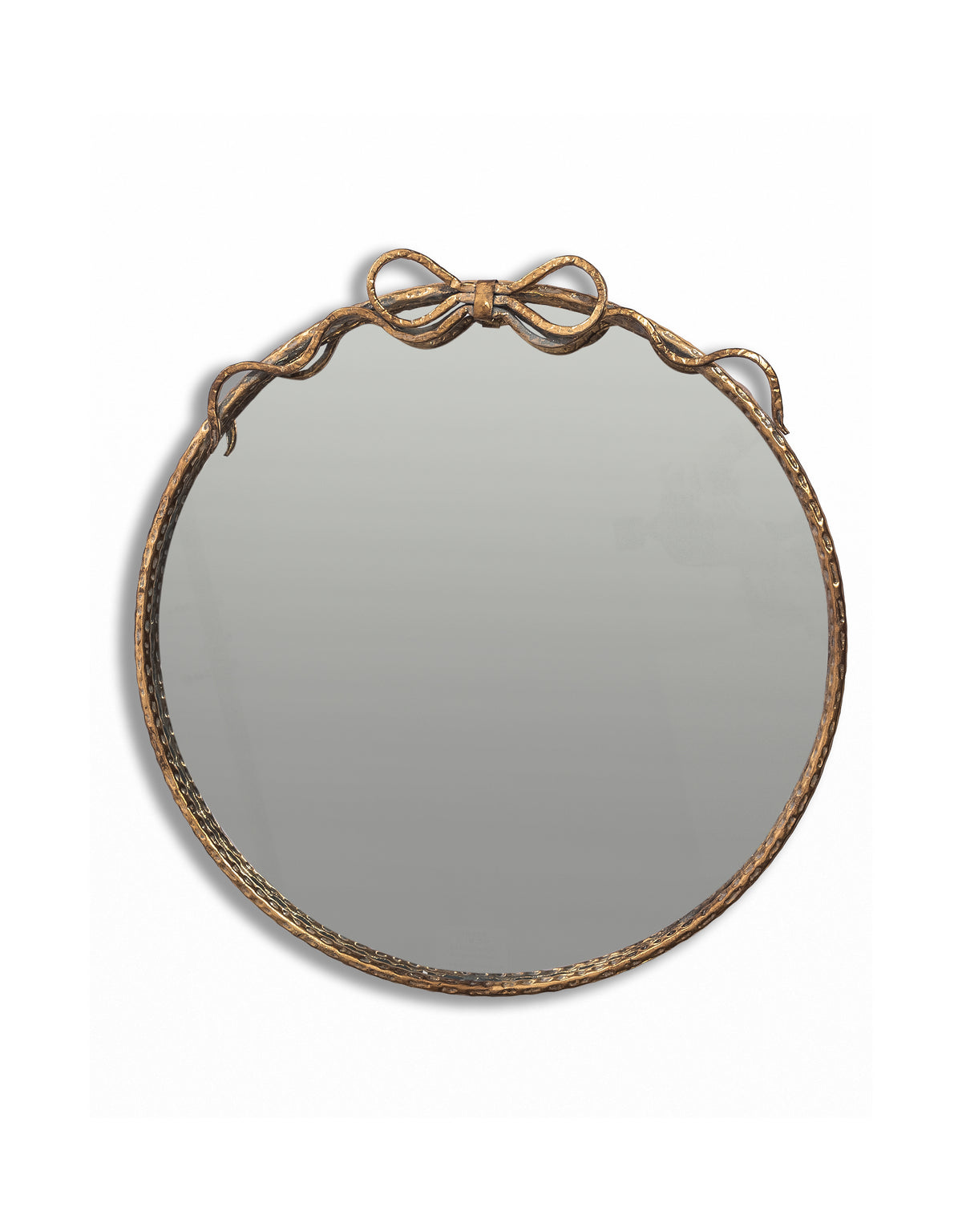 Medium Round Gold Hammered Metal Wall Mirror w/ Bow