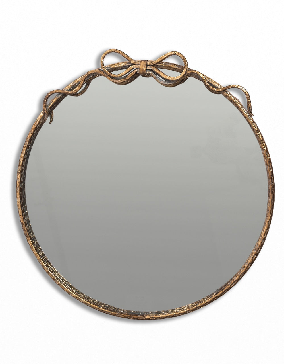 Large Round Gold Hammered Metal Wall Mirror w/ Bow
