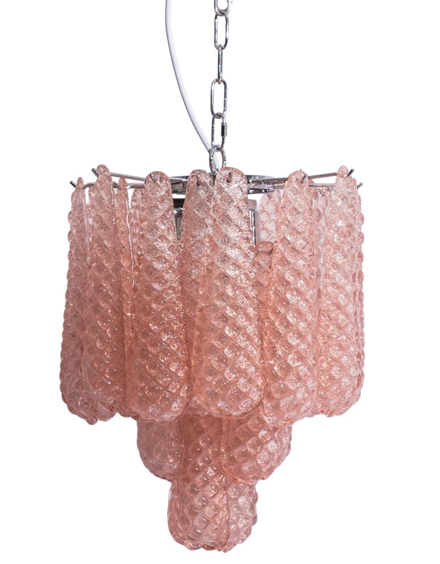 Chrome w/ Pink Bubbled Glass "Gicel" Chandelier