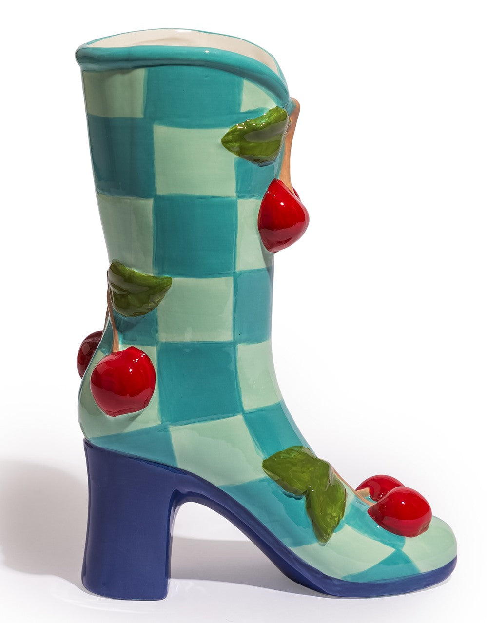 Large Blue Check w/ Cherries Ceramic Boot Vase