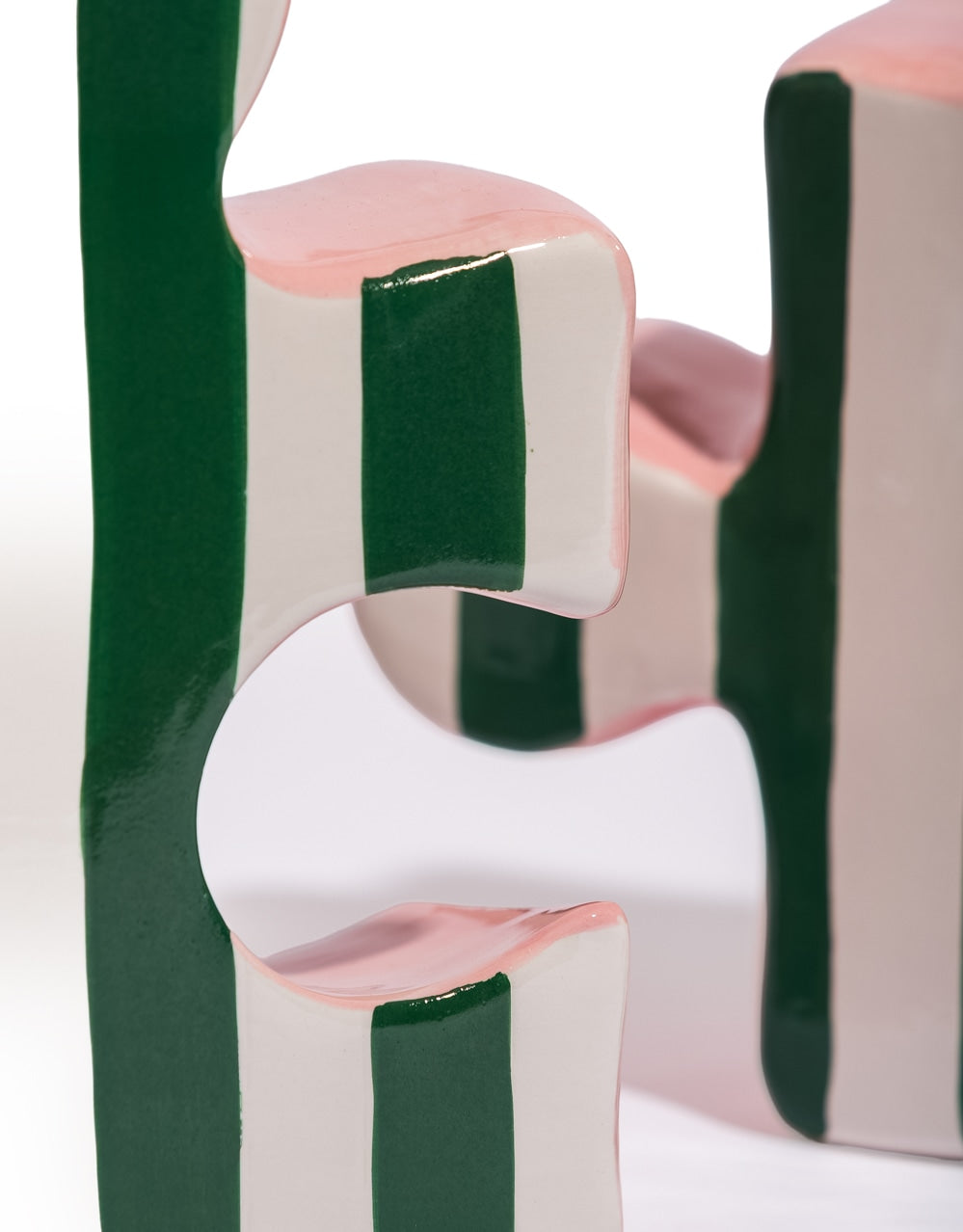 Set of 2 Green/White & Pink Ceramic Jigsaw Piece Vases