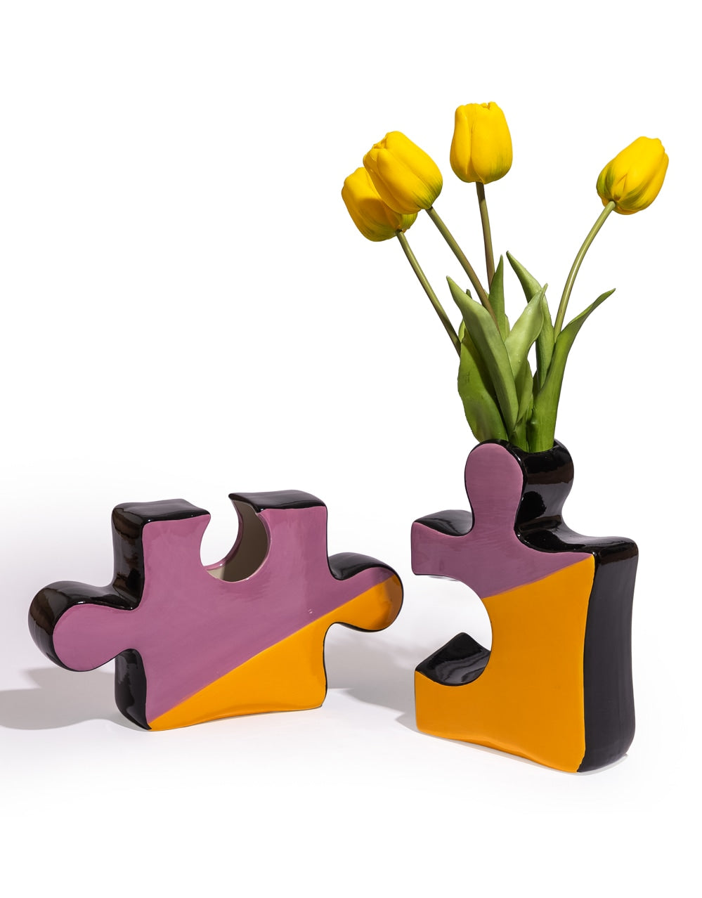 Set of 2 Orange/Purple/Black Ceramic Jigsaw Piece Vases
