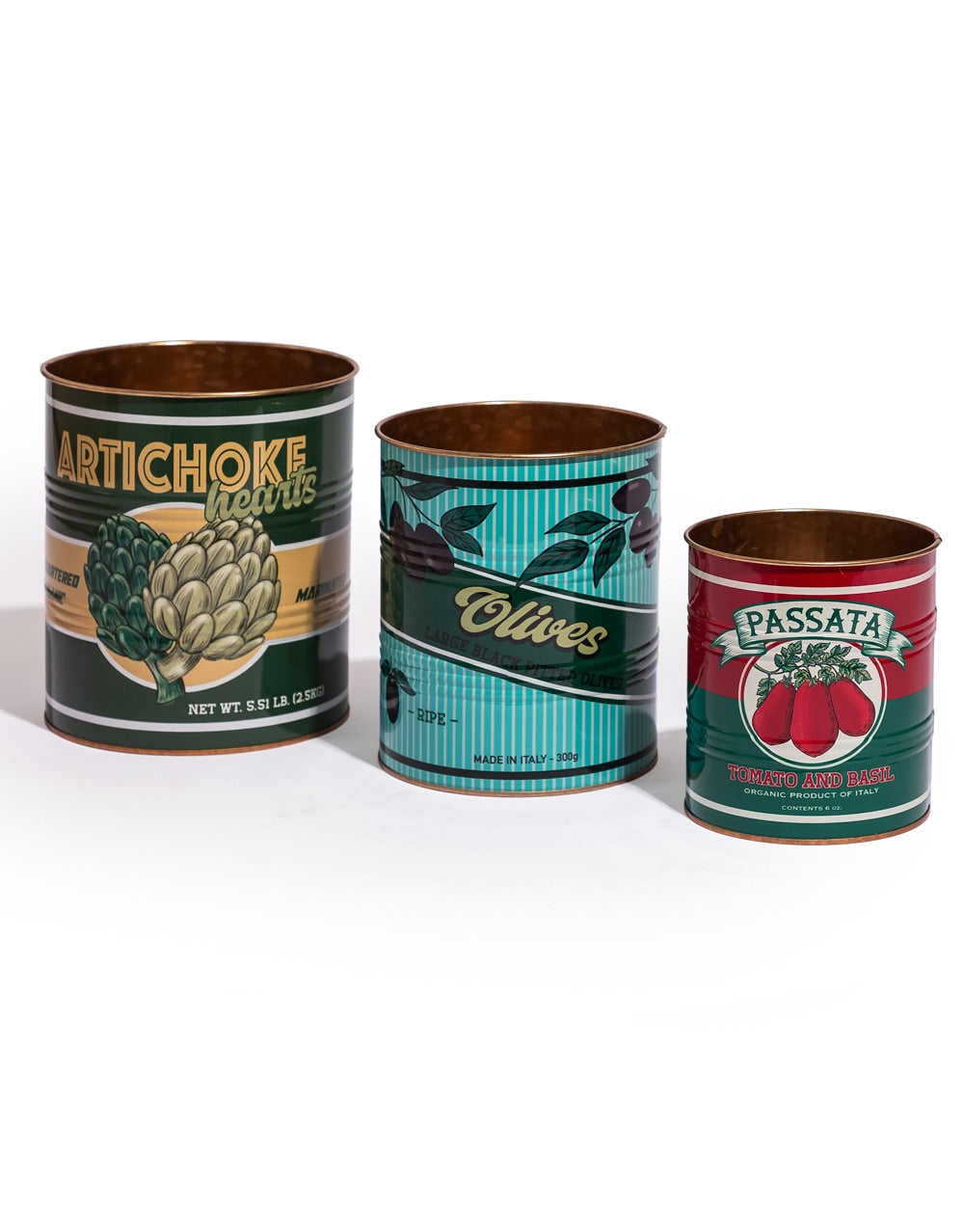 Set of 3 Retro "Artichoke, Olives, Passata" Storage Tins