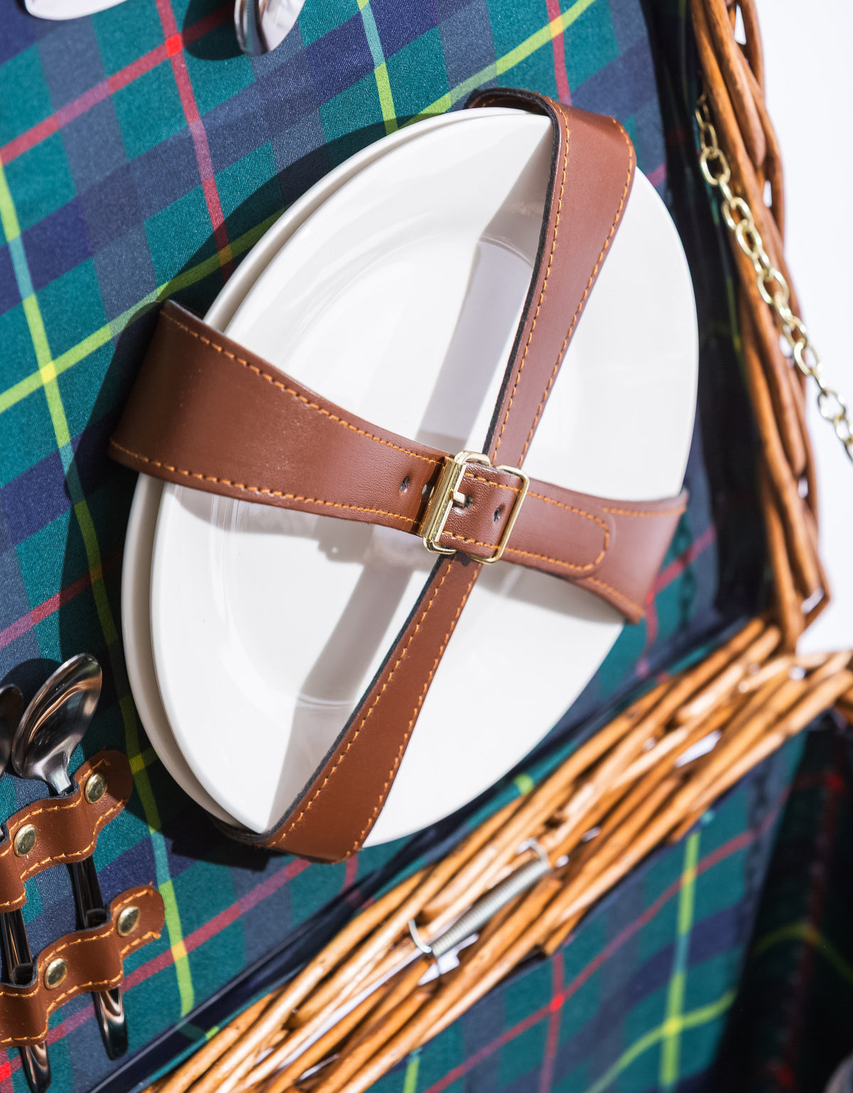 Luxury Tartan 4-Person Picnic Hamper w/ Leather Handles & Accessories