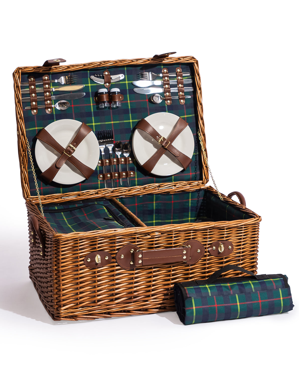 Luxury Tartan 4-Person Picnic Hamper w/ Leather Handles & Accessories