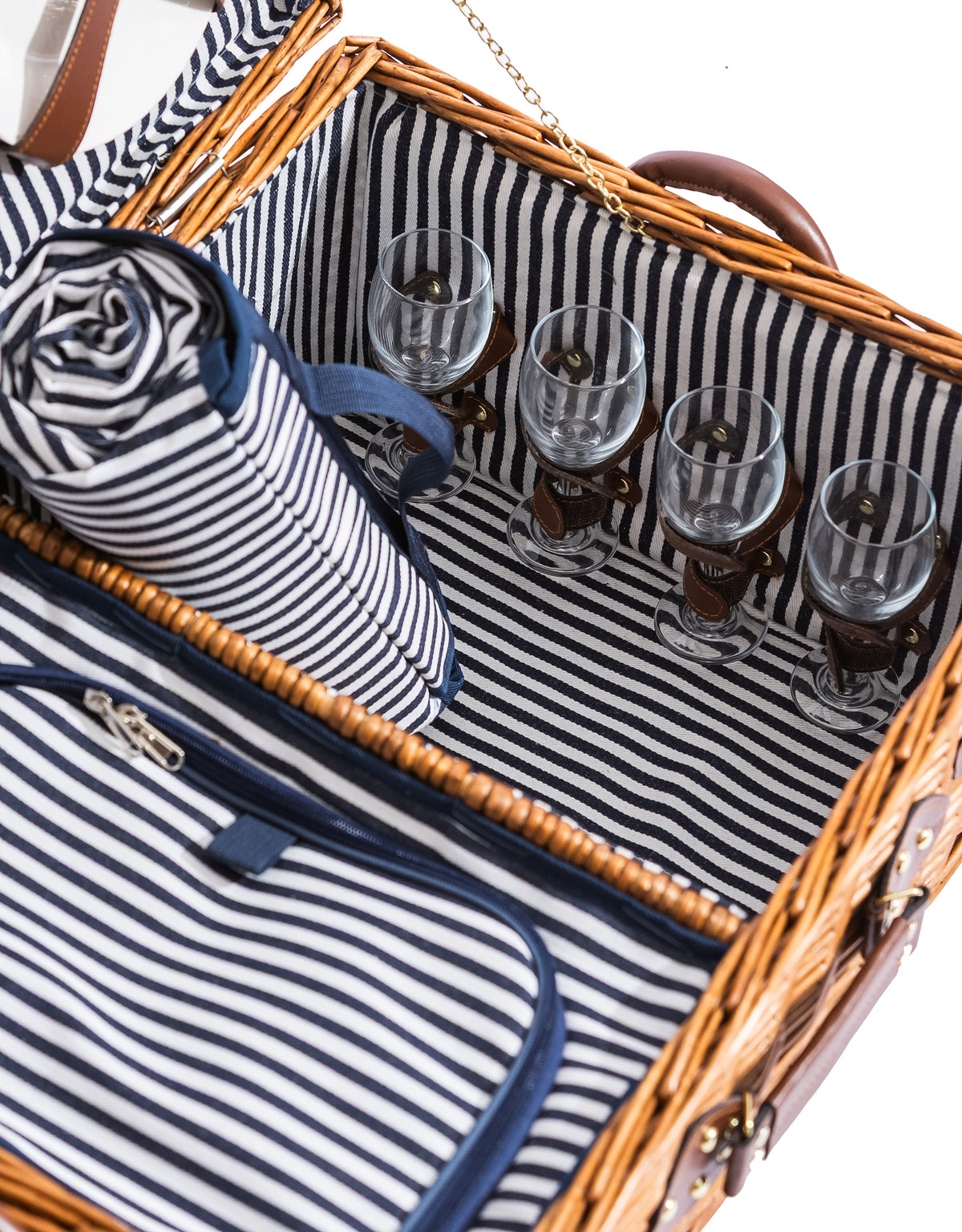Luxury Pinstripe 4-Person Picnic Hamper w/ Leather Handles & Accessories