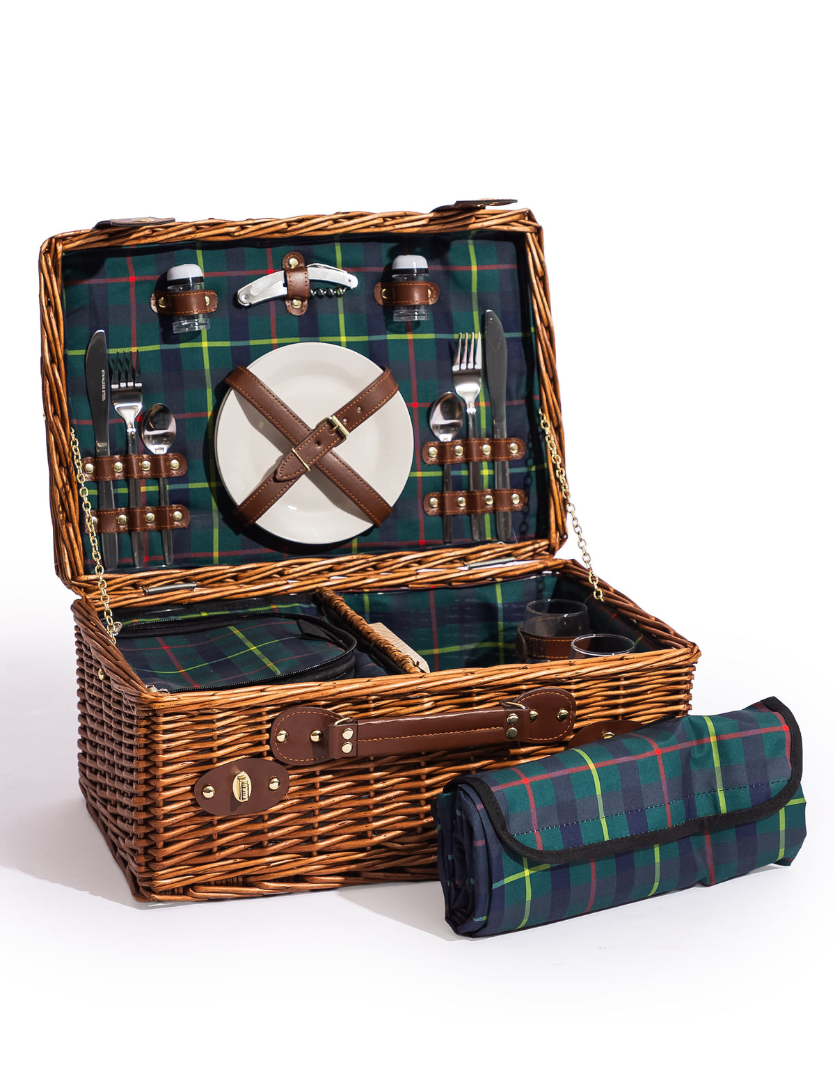 Luxury Tartan 2-Person Picnic Hamper w/ Leather Handles & Accessories