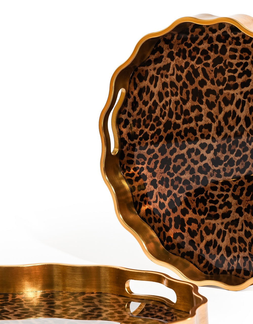 Waved Set of 2 Brushed Gold Leopard Print Serving Trays