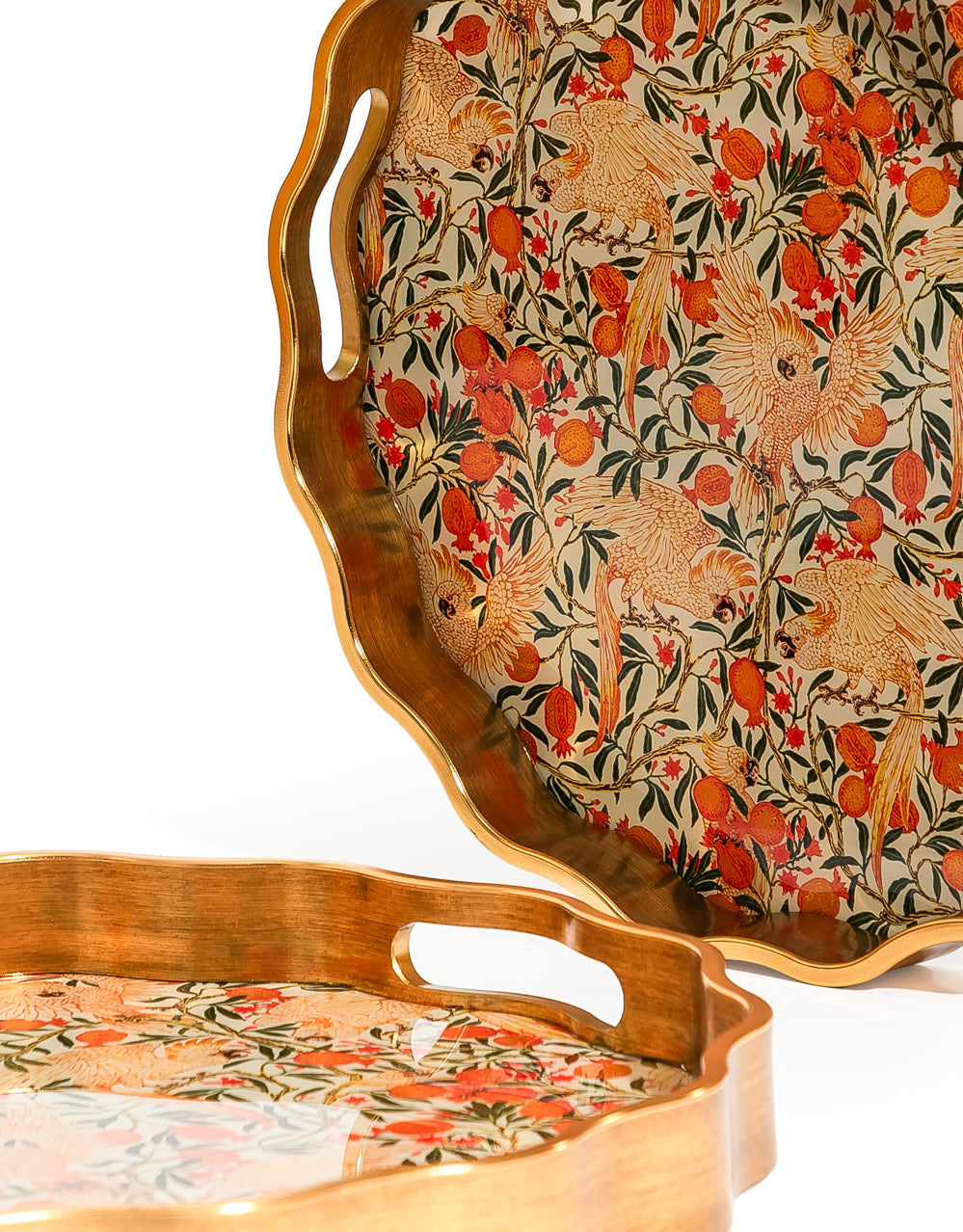 Waved Set of 2 Brushed Gold Cockatoo & Pomegranate Serving Trays