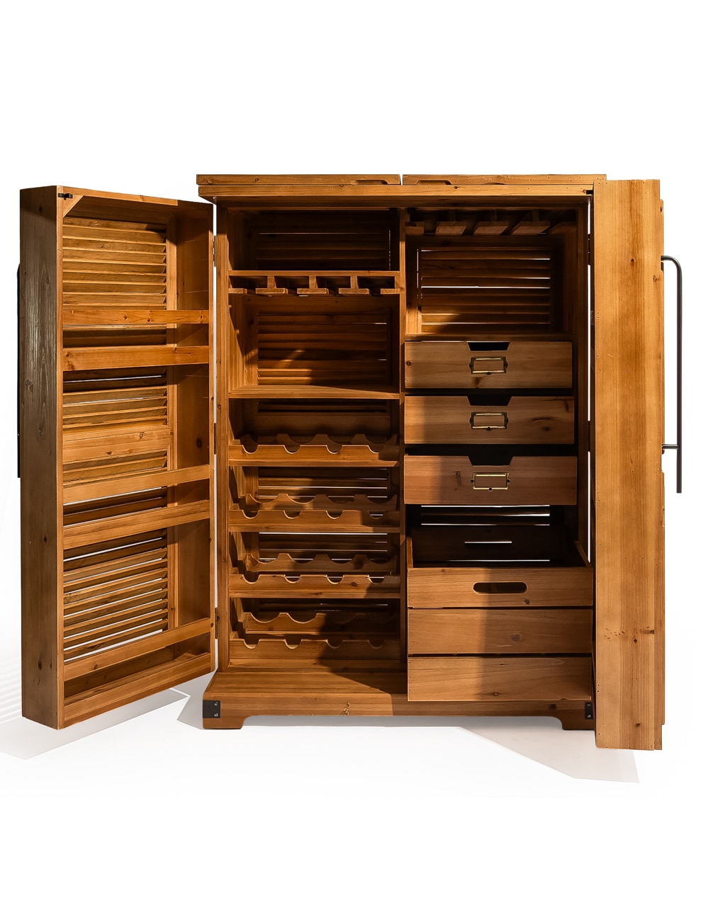Rustic Slatted Wood Fold-Out Bar Cabinet