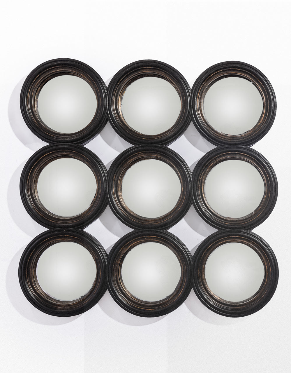 Locked Set of 9 Ornate Antiqued Black Convex Mirrors