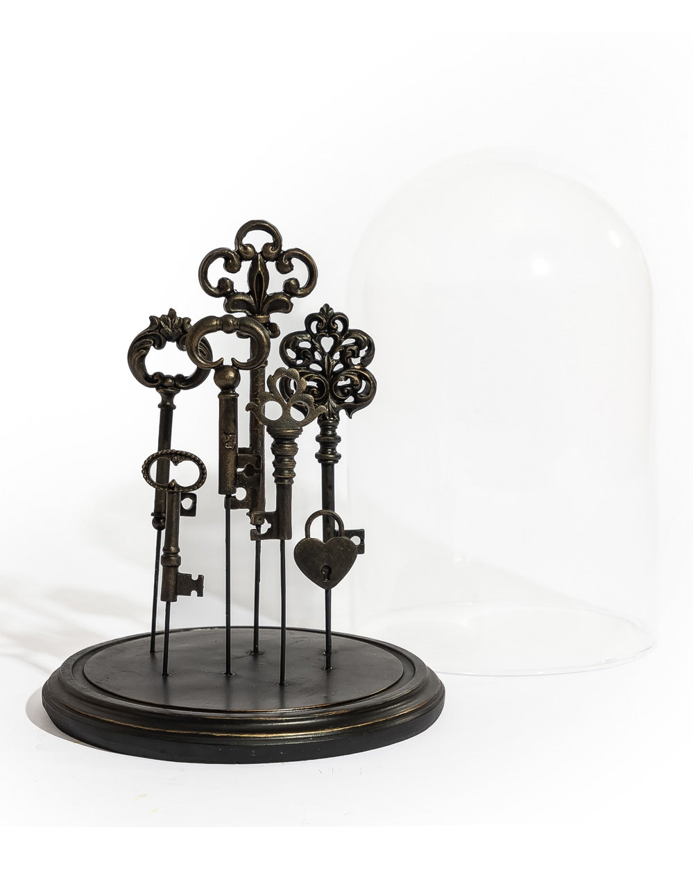 Glass Dome/Cloche w/ Multi Antiqued Keys on Black Base