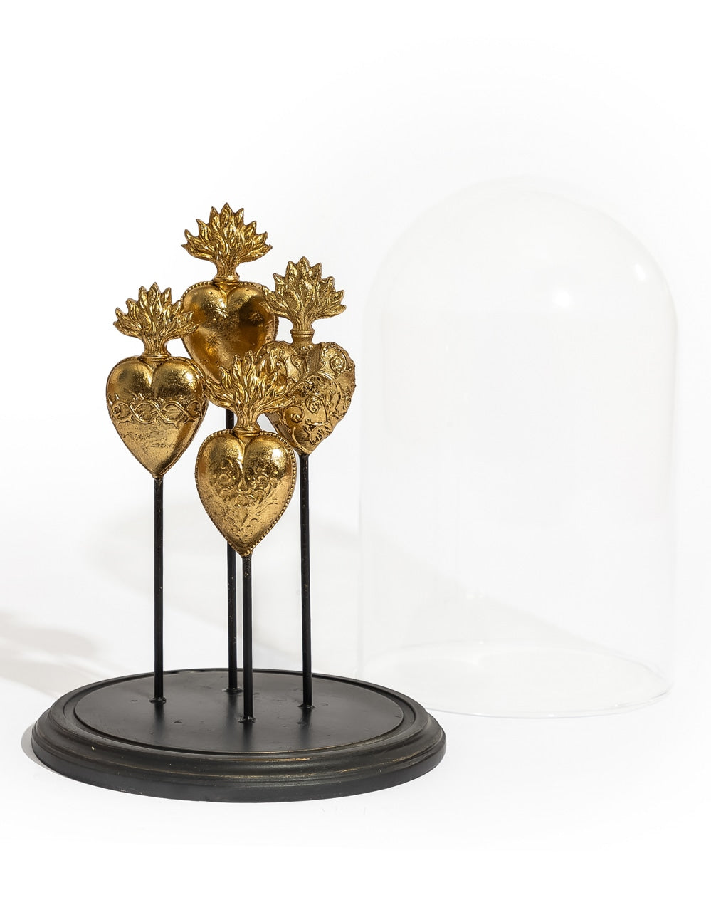 Glass Dome/Cloche w/ Multi Gold Hearts on Black Base
