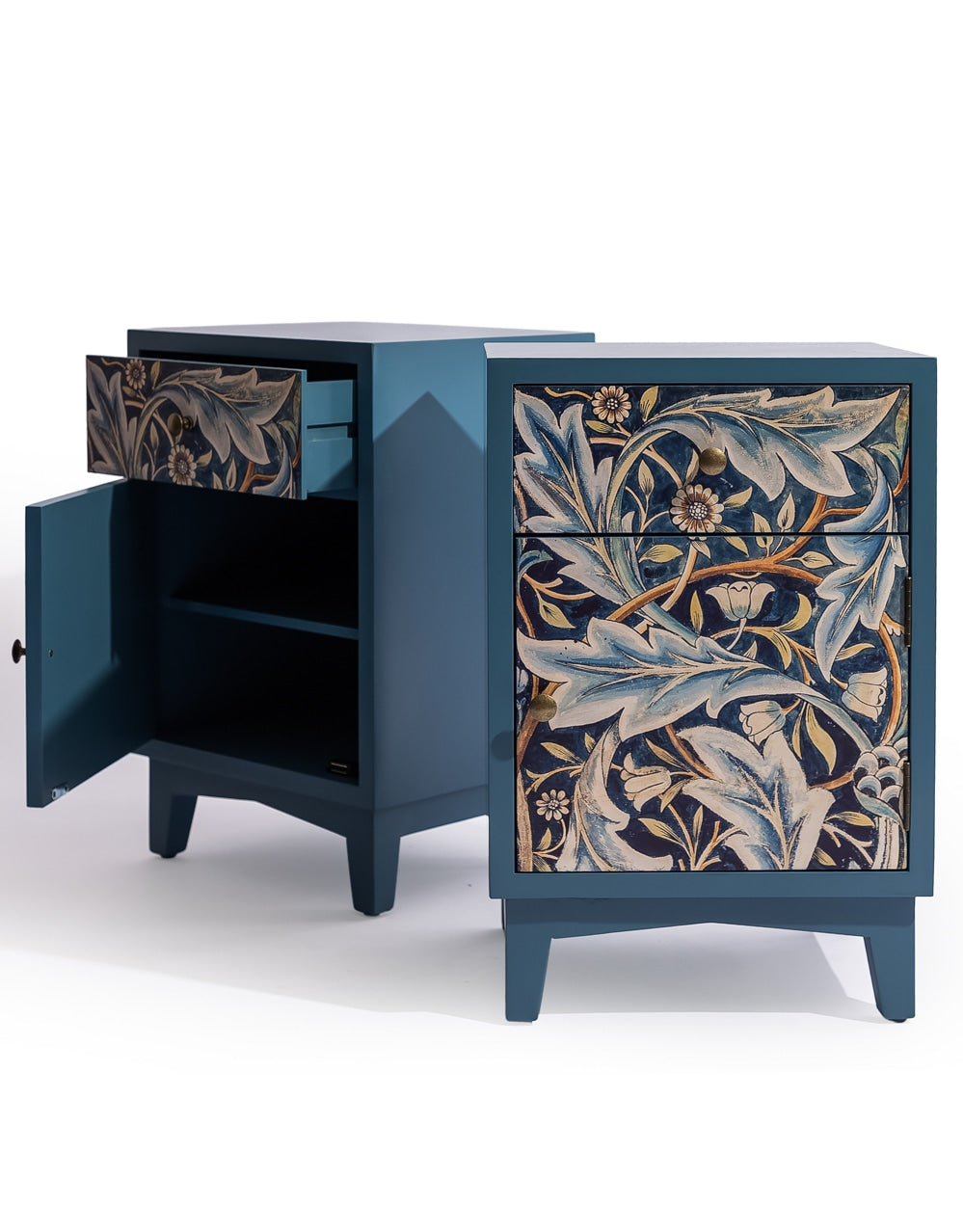 A Pair of Blue "Acanthus" Floral Bedside Tables