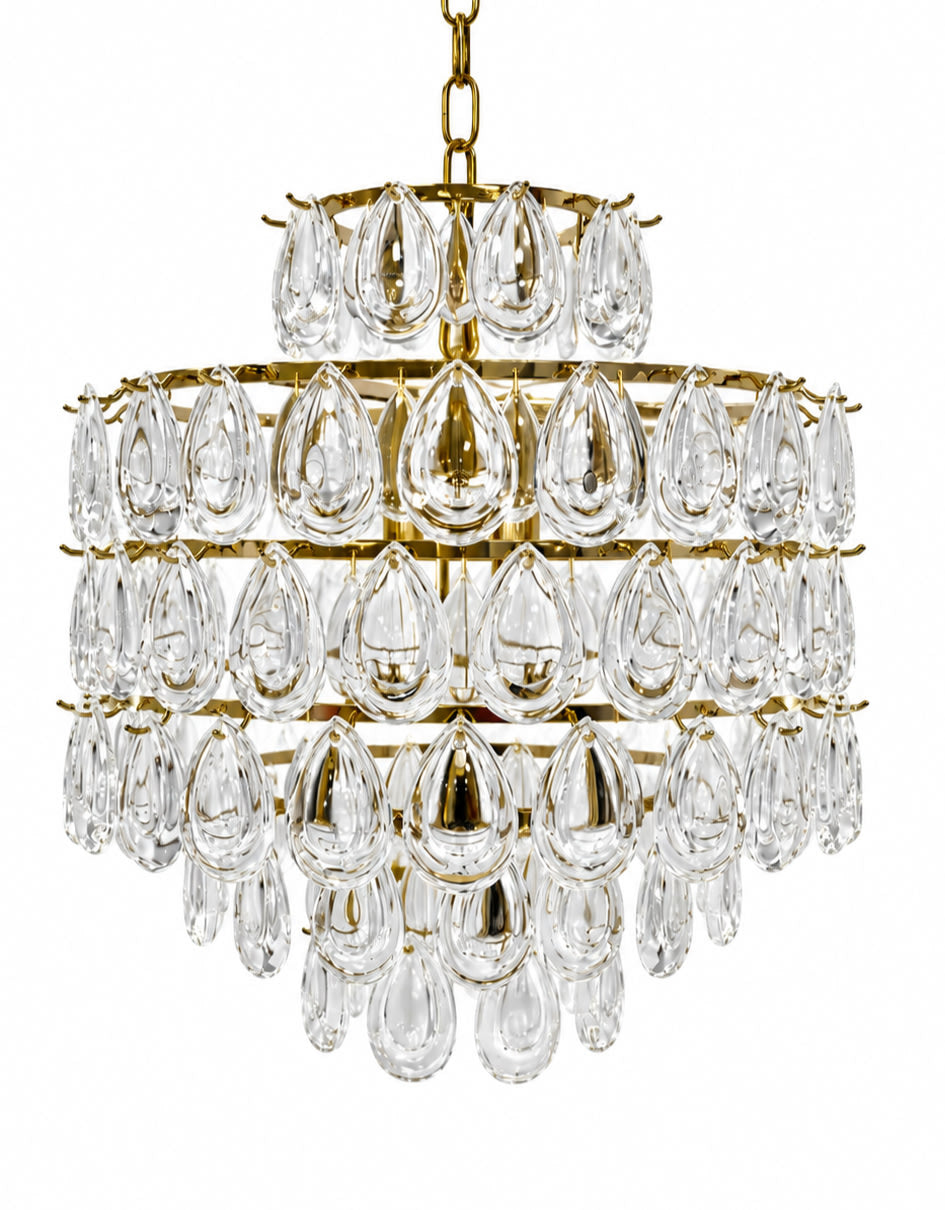 Brass 6 Tier Multi Clear Glass Teardrop Chandelier