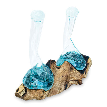 MOLTEN GLASS OIL & VINEGAR BOTTLES ON ROOT SCULPTURE