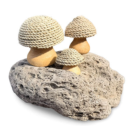 THATCHED COASTAL TOADSTOOL TRIO ON PUMICE STONE 13CM h