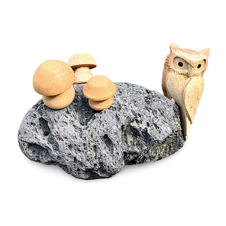 FOREST OWL & MUSHROOM CLUSTER ON PUMICE STONE 11CM h