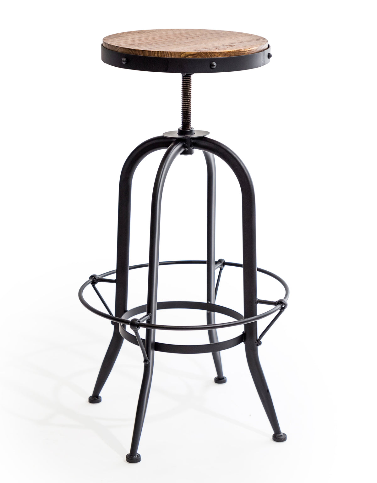 Matt Black Vintage Style Adjustable Bar Stool w/ Wood Seat