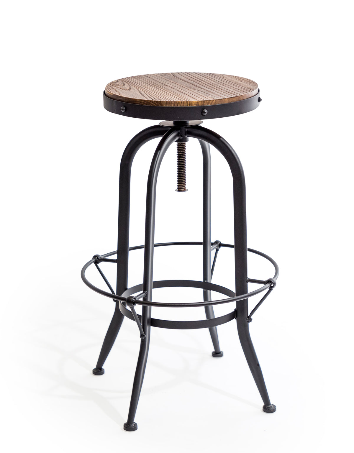 Matt Black Vintage Style Adjustable Bar Stool w/ Wood Seat