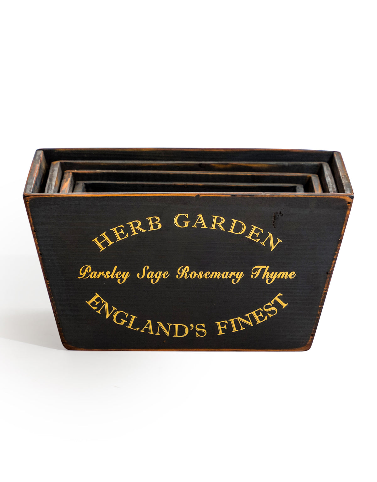 Set of 4 Antique Black Wooden 'Herb Garden' Planters / Storage Boxes