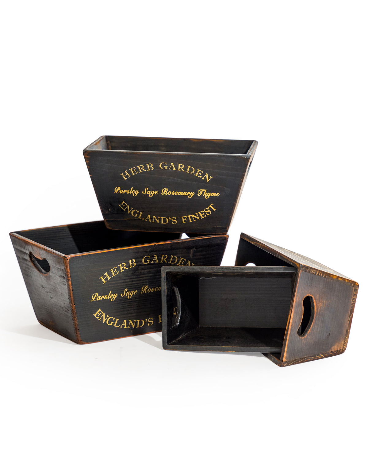 Set of 4 Antique Black Wooden 'Herb Garden' Planters / Storage Boxes