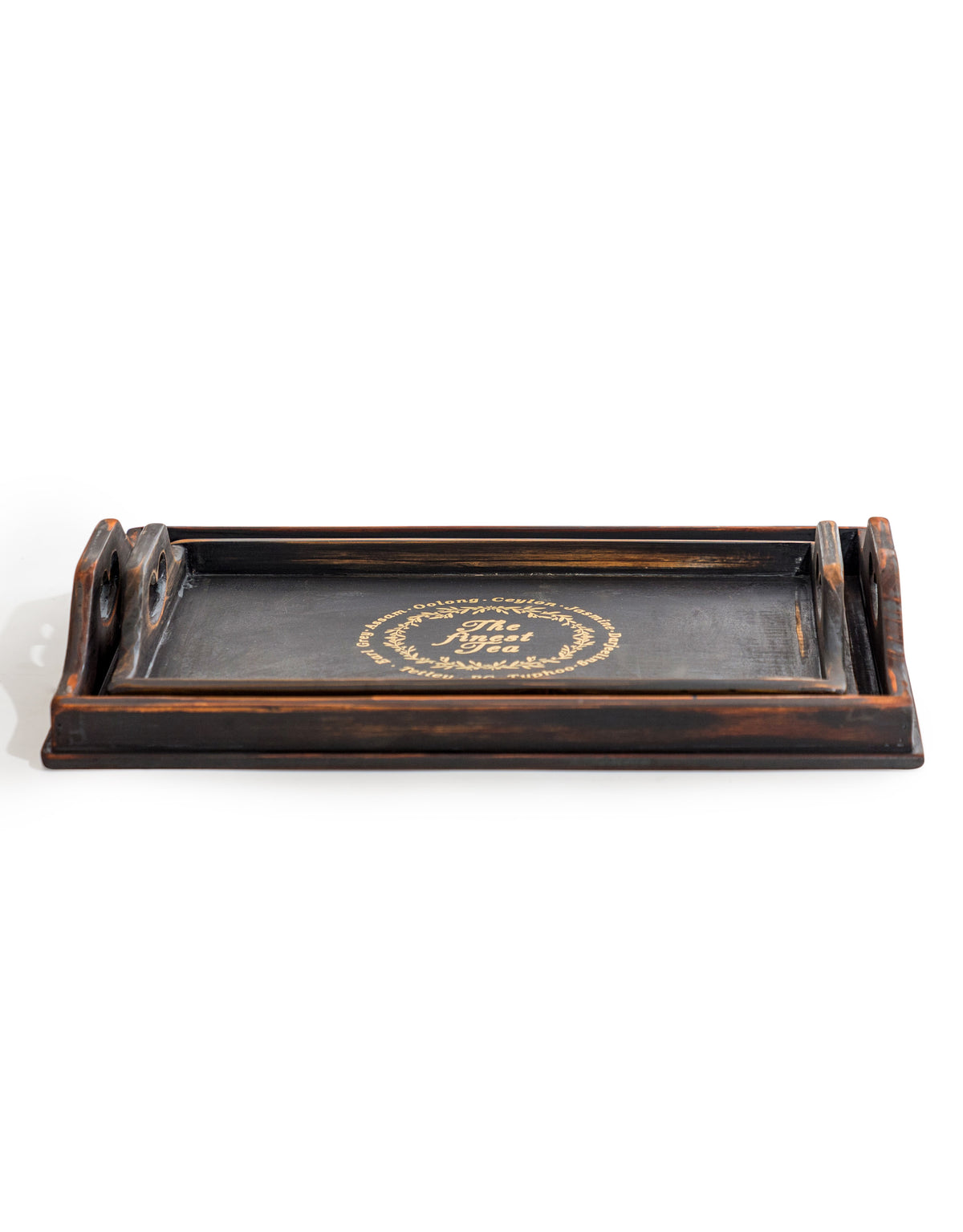 Set of 2 Antique Black Wooden 'Finest Tea' Trays