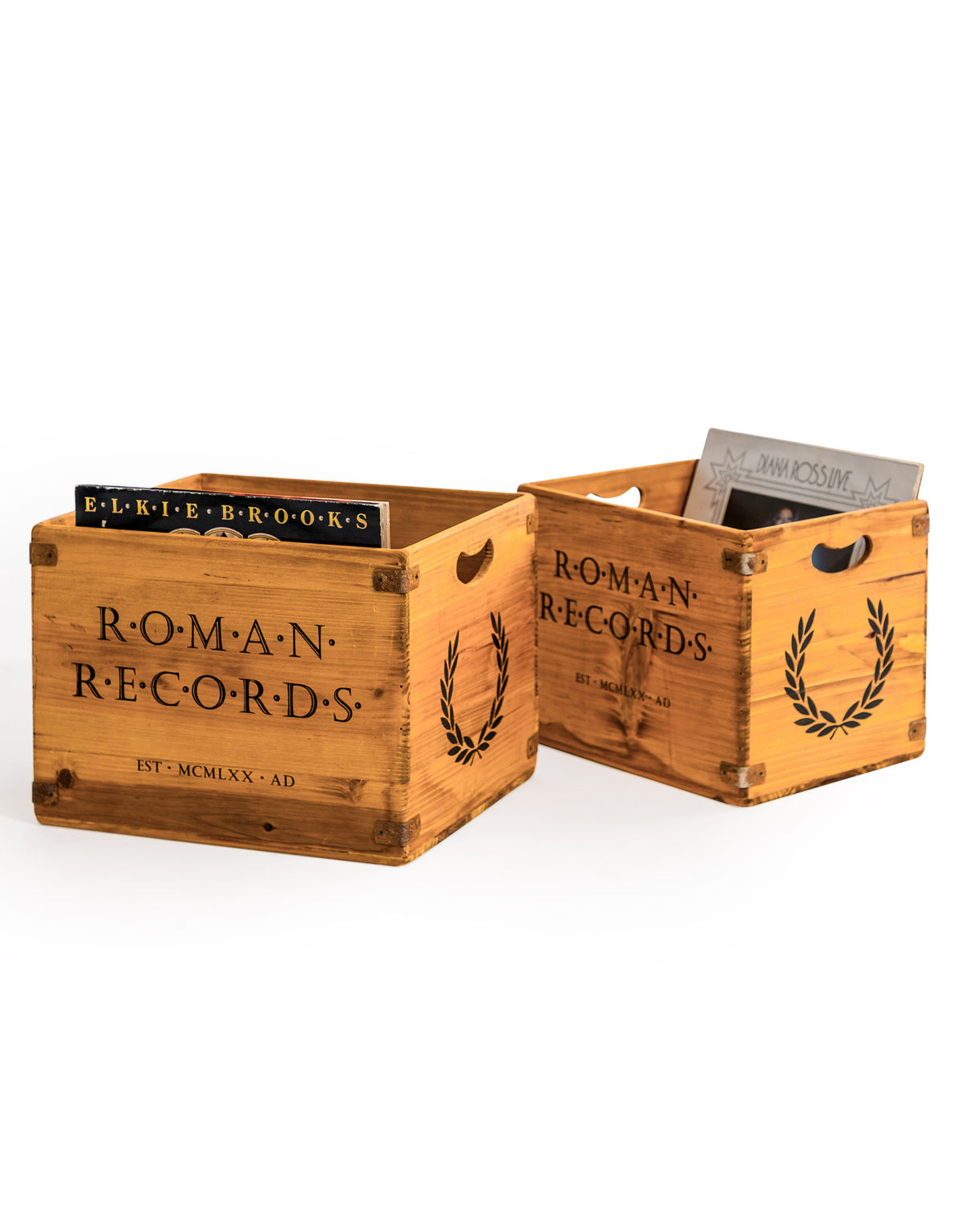 Set of 2 Antiqued Wooden "Roman Records" LP Record Storage Boxes