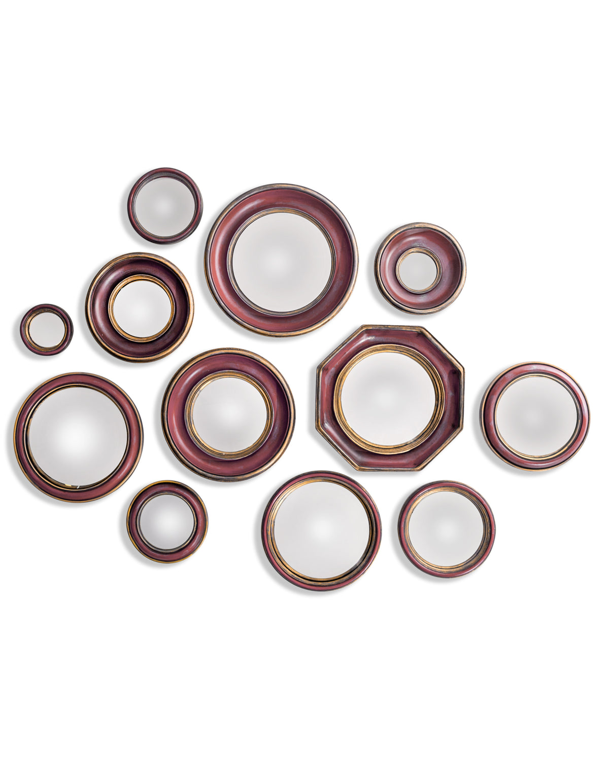 Set of 12 Assorted Antique Red/Pink/Gold Framed Convex Mirrors