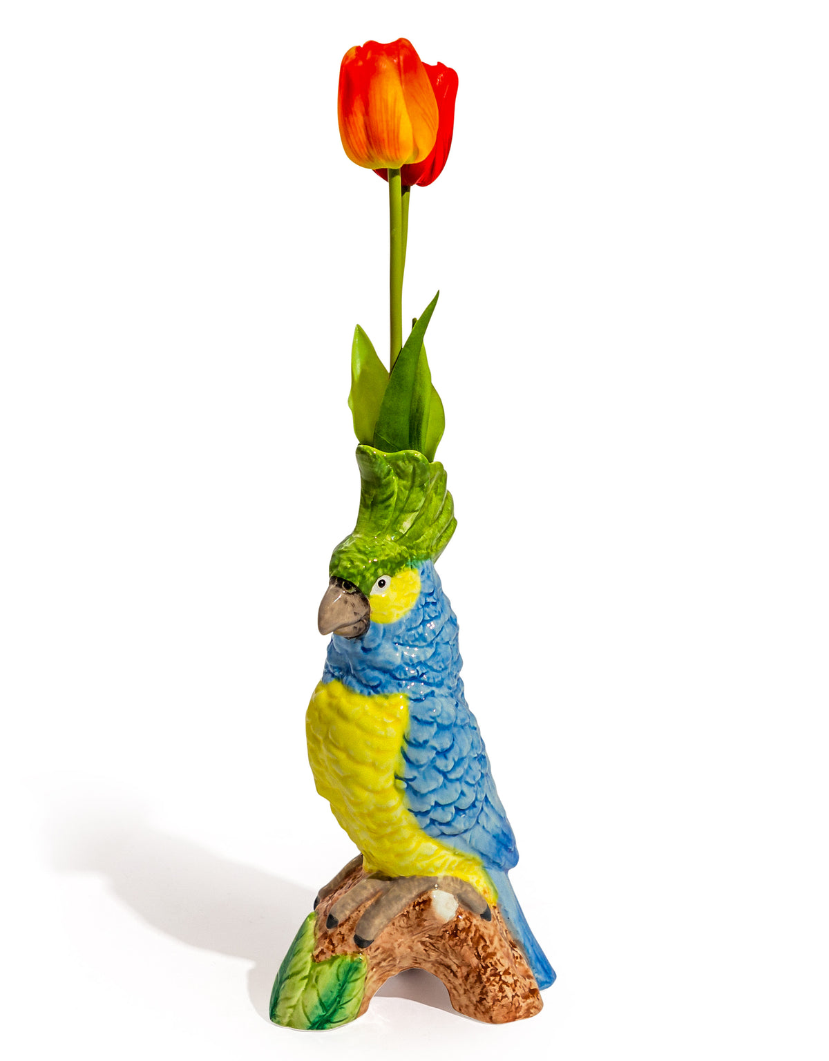 Blue & Yellow Parrot on Perch Ceramic Vase
