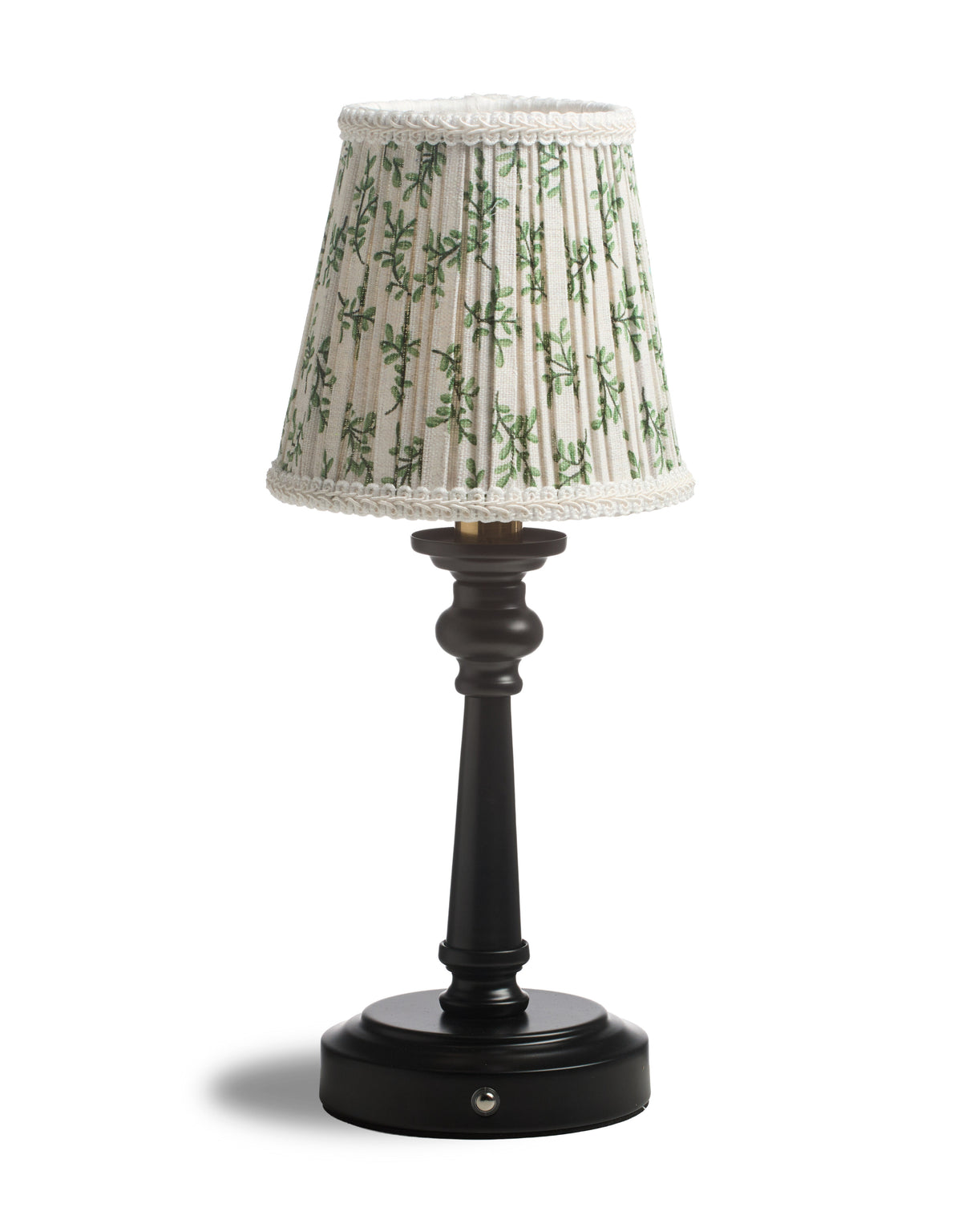 Matt Black & Brass Rechargeable Table Lamp w/ Floral Pattern Pleated Shade
