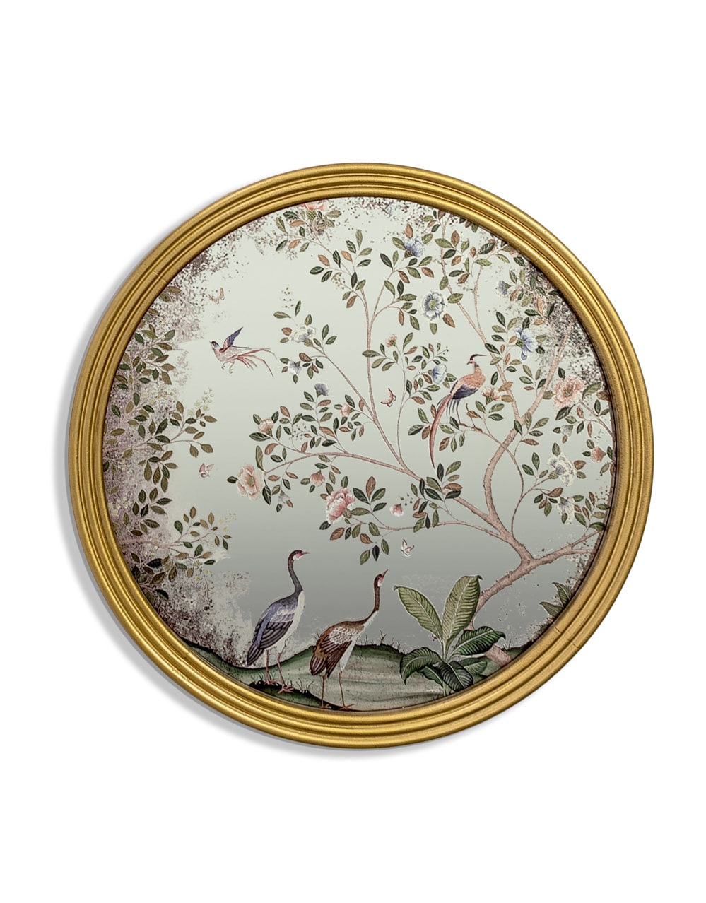 Round Gold-Framed Botanical Glass Wall Mirror