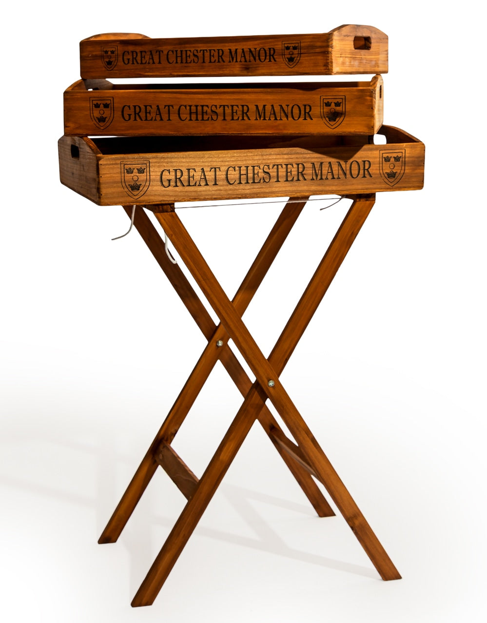 Set of 3 Antique Wooden "Great Chester Manor" Trays on Stand