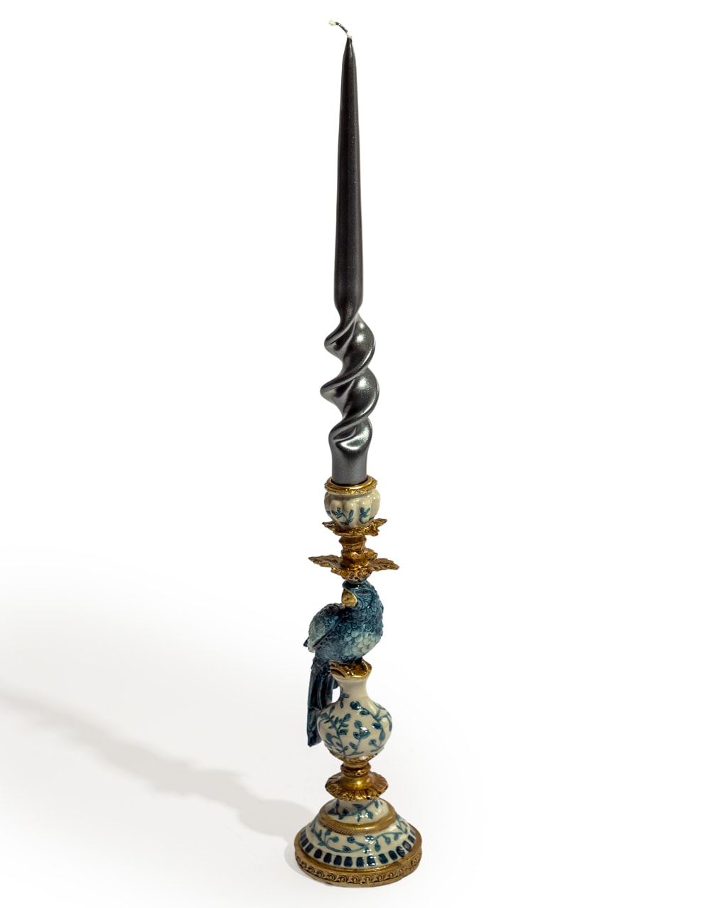 Antiqued Ornate Blue/White Parrot Candle Holder - LH
