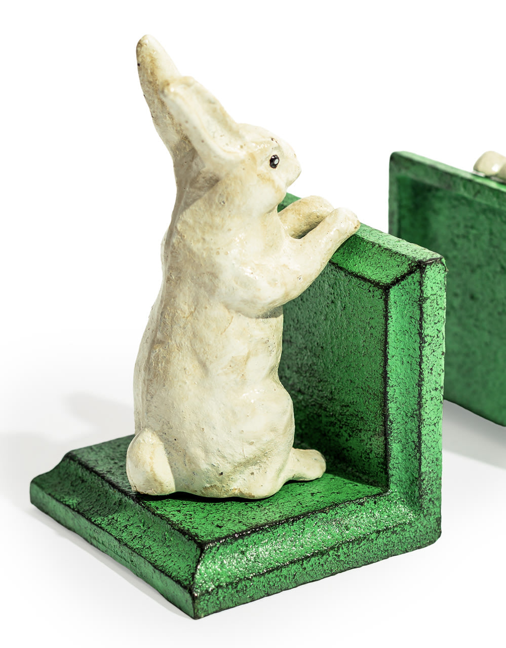 Cast Iron Antiqued Pair of White Rabbit Bookends