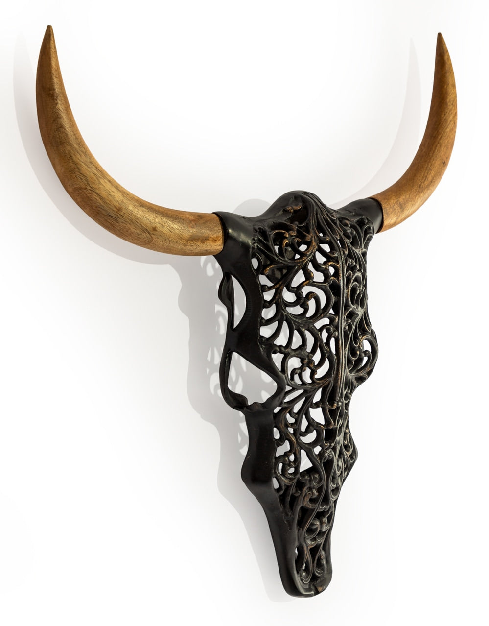 Distressed Black and Wood Tribal Bison Wall Head