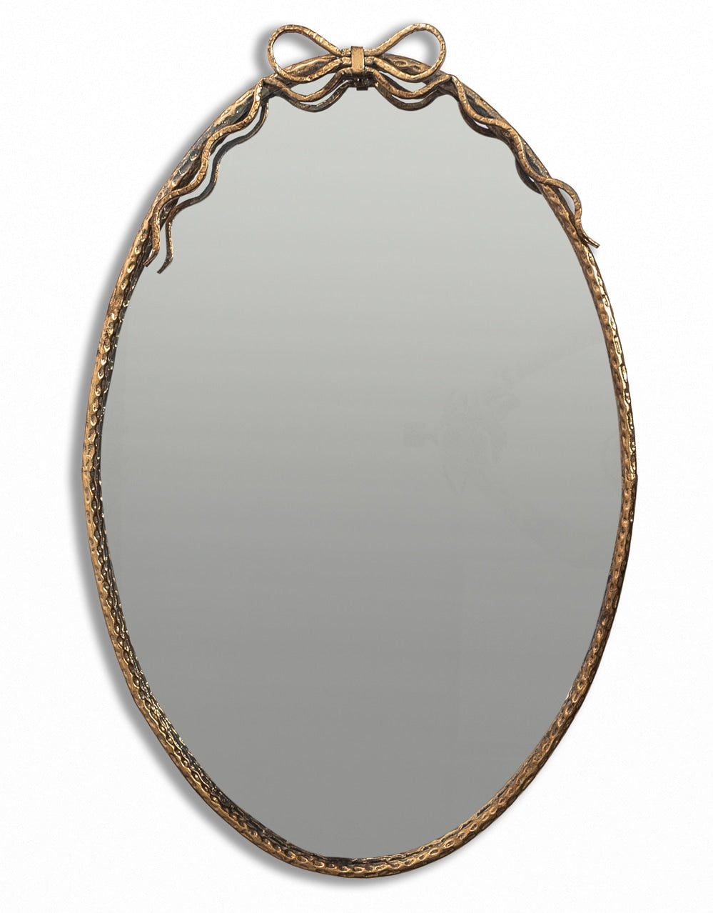 Large Oval Gold Hammered Metal Wall Mirror w/ Bow